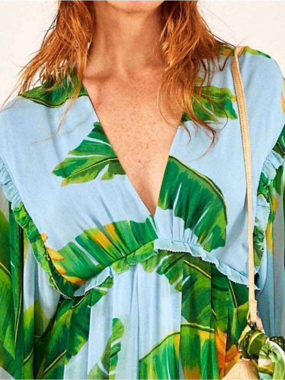 Light Blue Tropical Banana Maxi Dress with Green Leaf Print - Farm Rio - Picture 7 of 7
